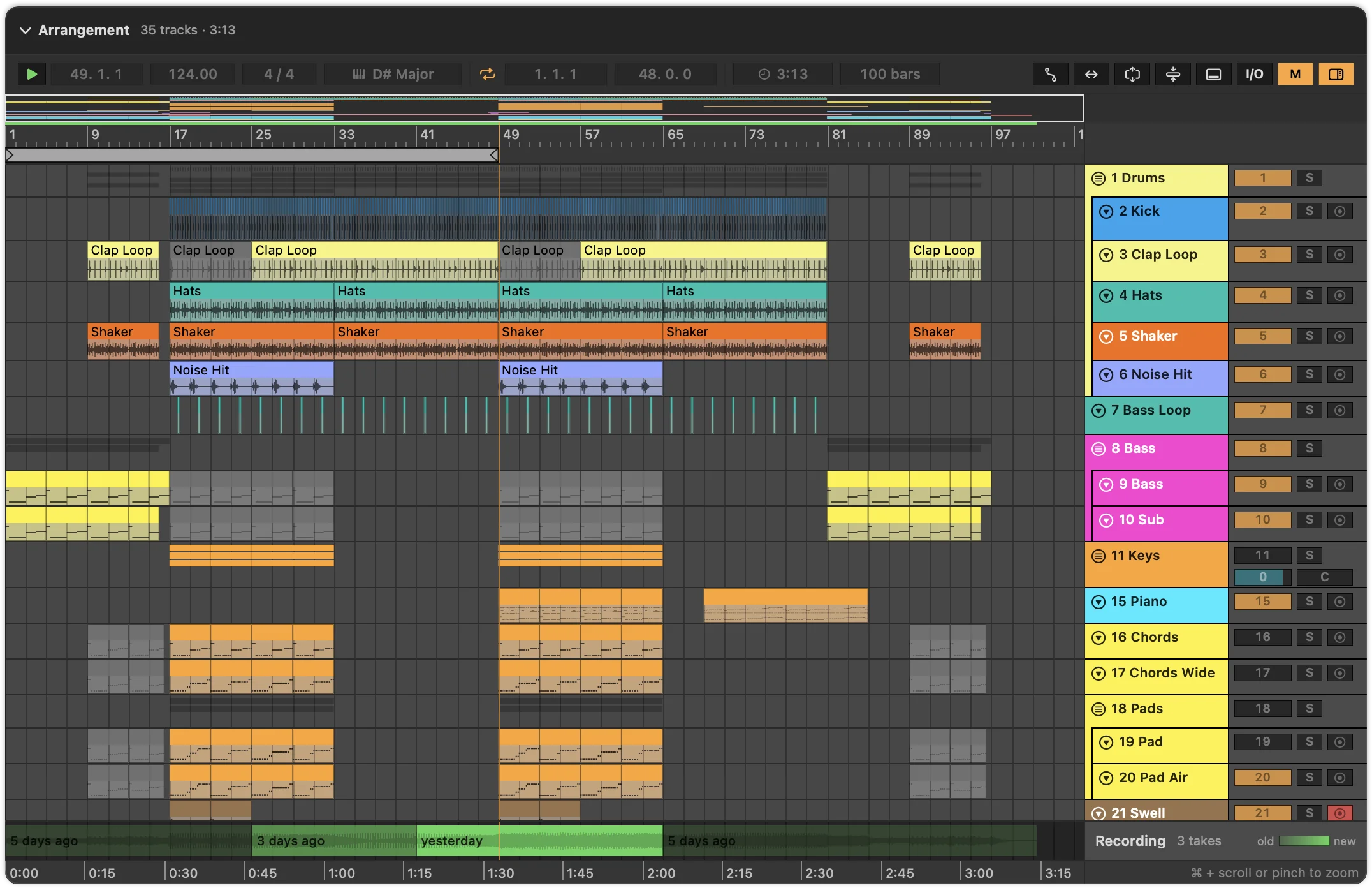 A set’s arrangement in Als Preview: colored tracks and groups with clips, MIDI notes and audio waveforms.
