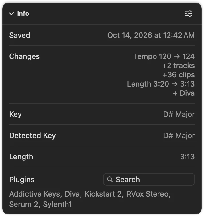 The Info card of a save: the tempo went from 120 to 124, two tracks and 36 clips were added, the length went from 3:20 to 3:13 and Diva was added. Detected key D# Major.