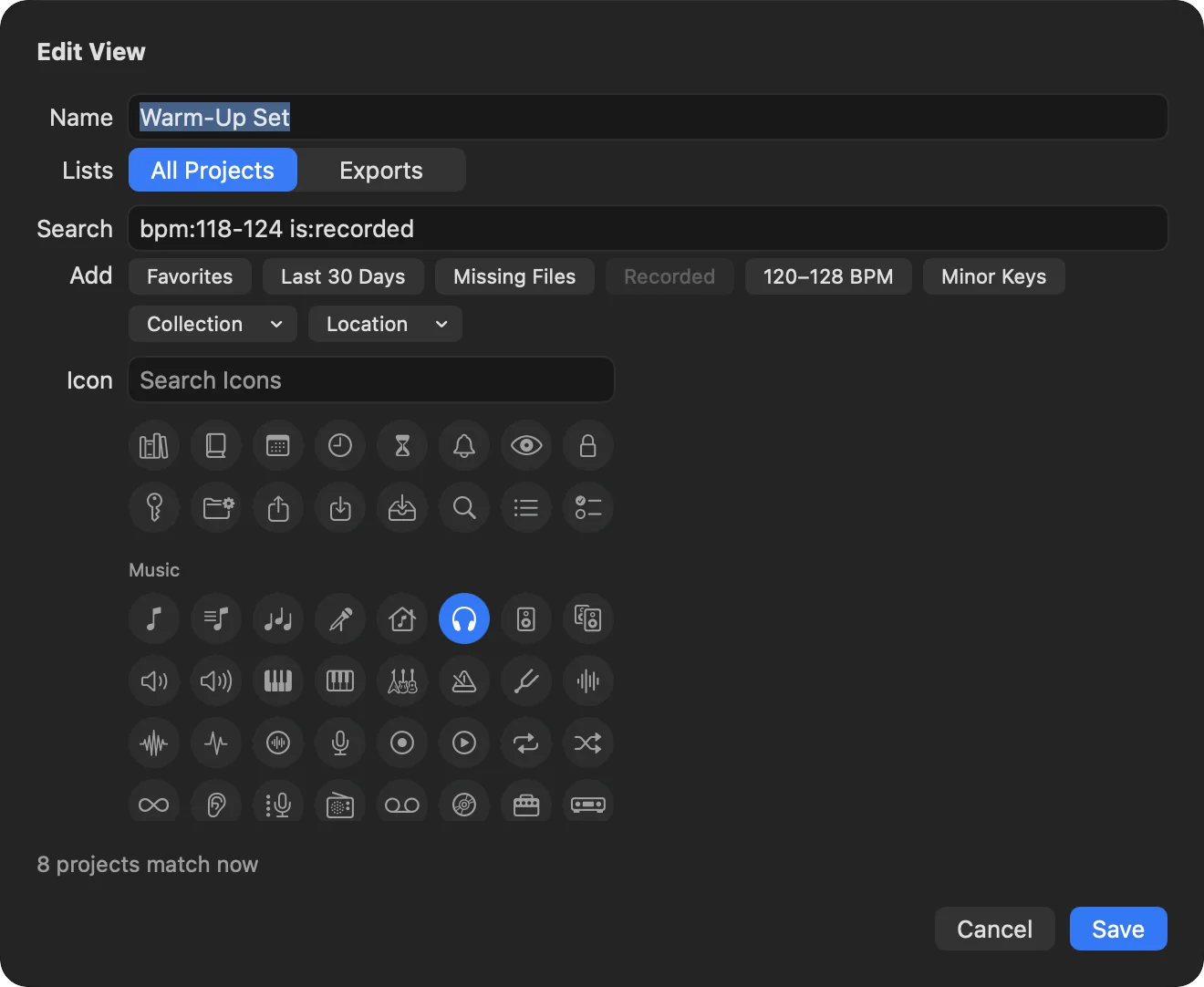 The Edit View sheet for Warm-Up Set: it lists All Projects rather than Exports, its search is bpm:118-124 is:recorded, buttons and the Collection and Location menus add filters, the headphones icon is picked, and 8 projects match now.