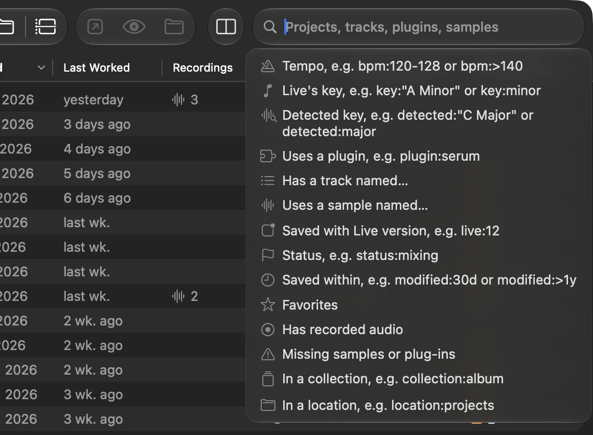 The search field in Als Preview with its filter suggestions: tempo, Live’s key, detected key, plugin, track name, sample name, Live version, status, saved within, favorites, recorded audio, missing files and collection.