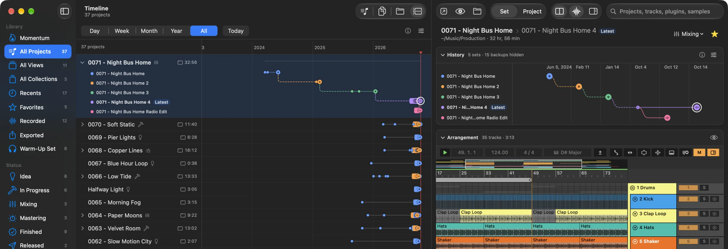 The Timeline view from 2023 to 2026 with one row per project, an expanded project showing five versions, and the selected project’s history and arrangement beside it.