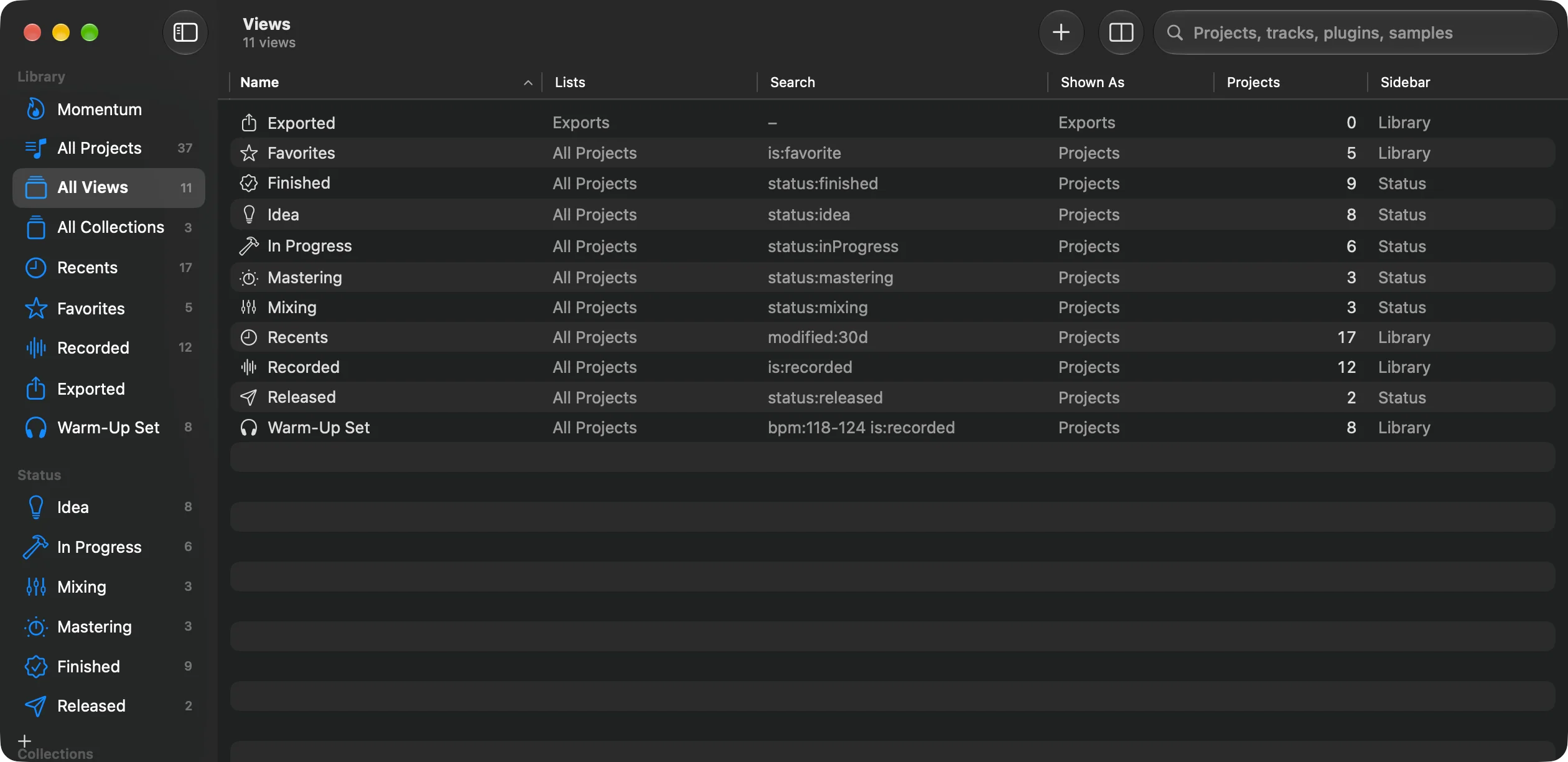 All Views: the window lists every view with what it lists, its search, how it’s shown, how many projects it has and its section in the sidebar.