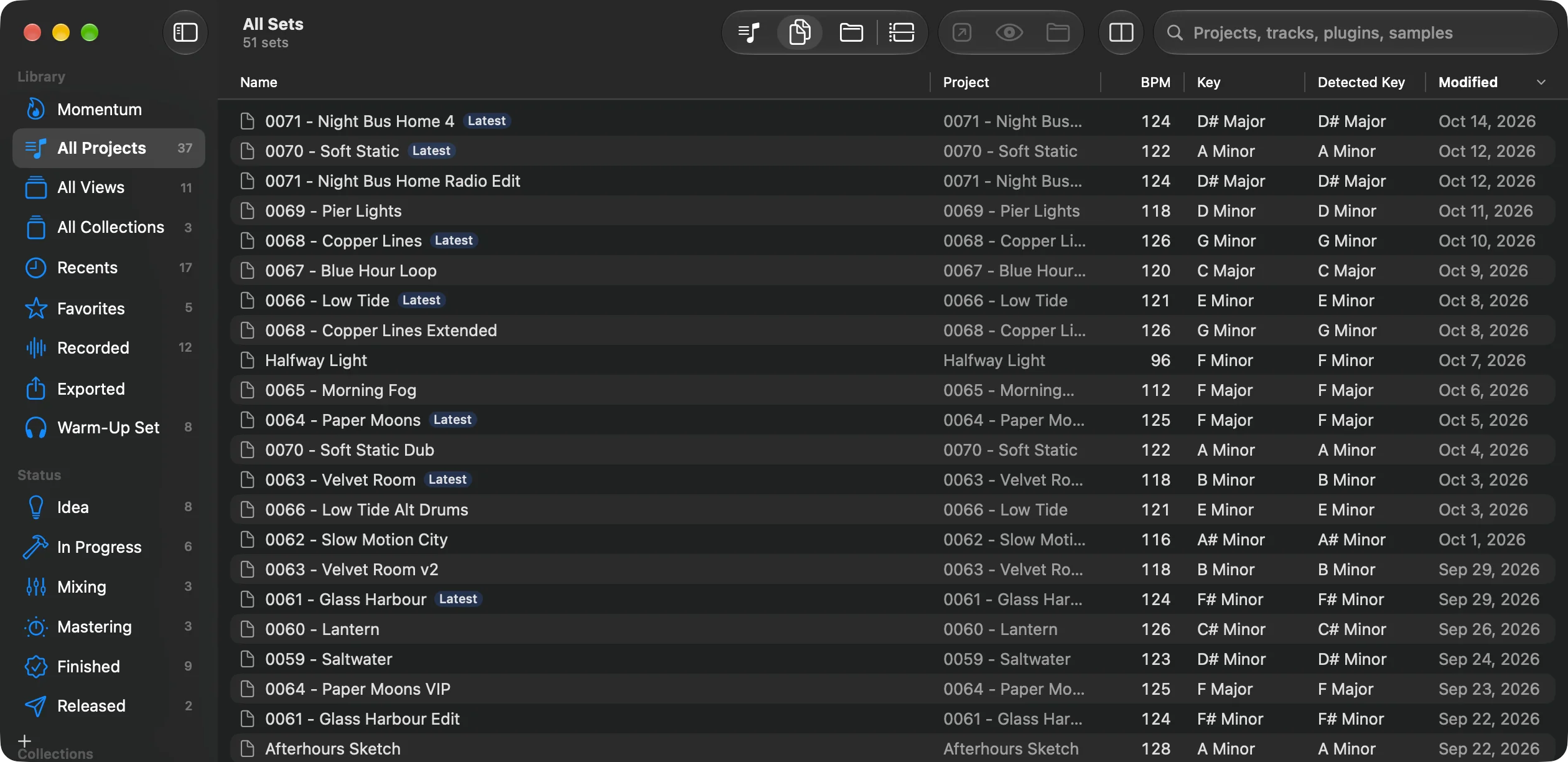 The library as Sets: every Live Set with its project, tempo, key, detected key and date, the latest set of each project marked Latest.