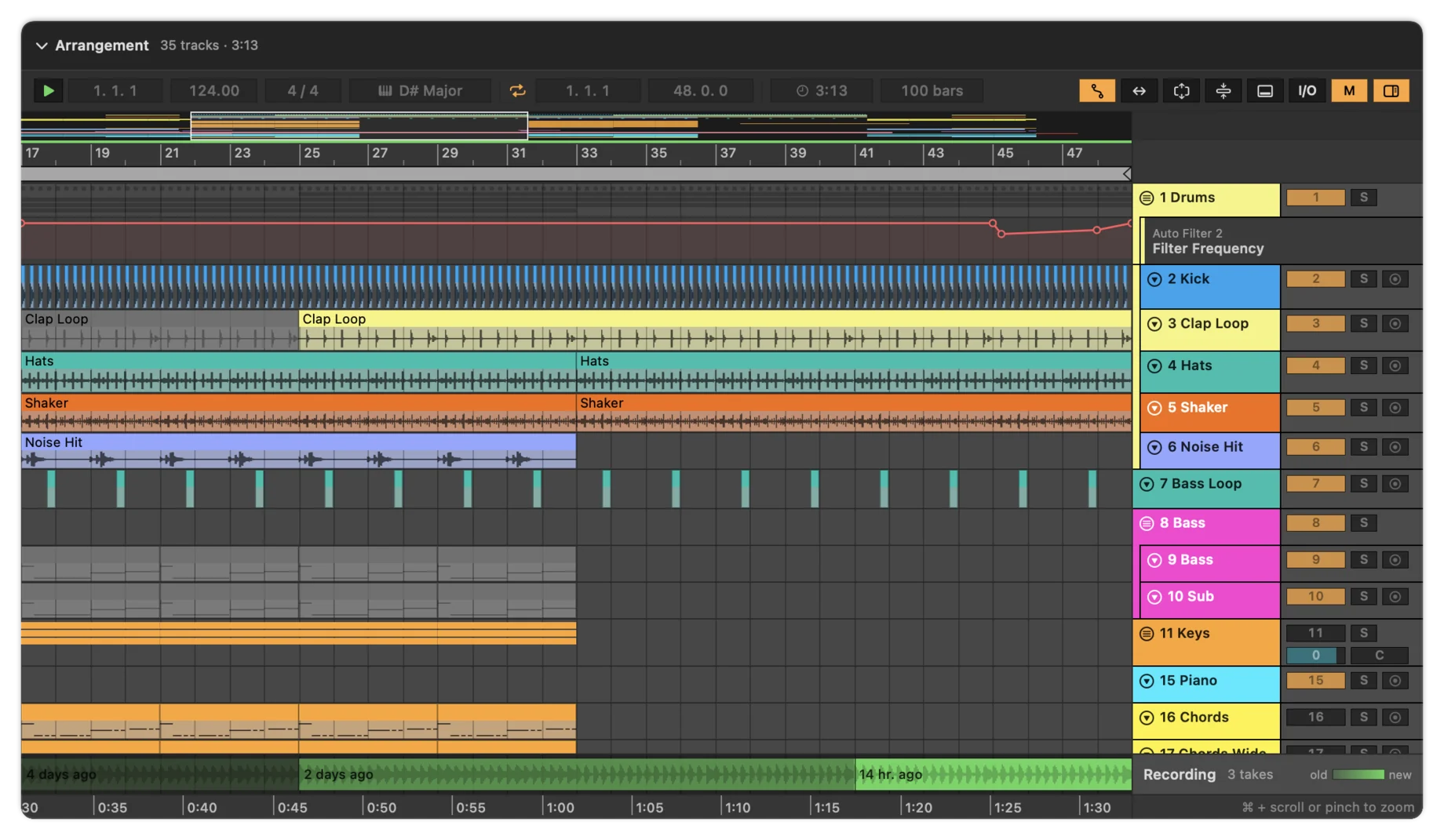 The arrangement with automation shown: under the Drums group, an automation lane for Auto Filter 2, Filter Frequency, with its curve.