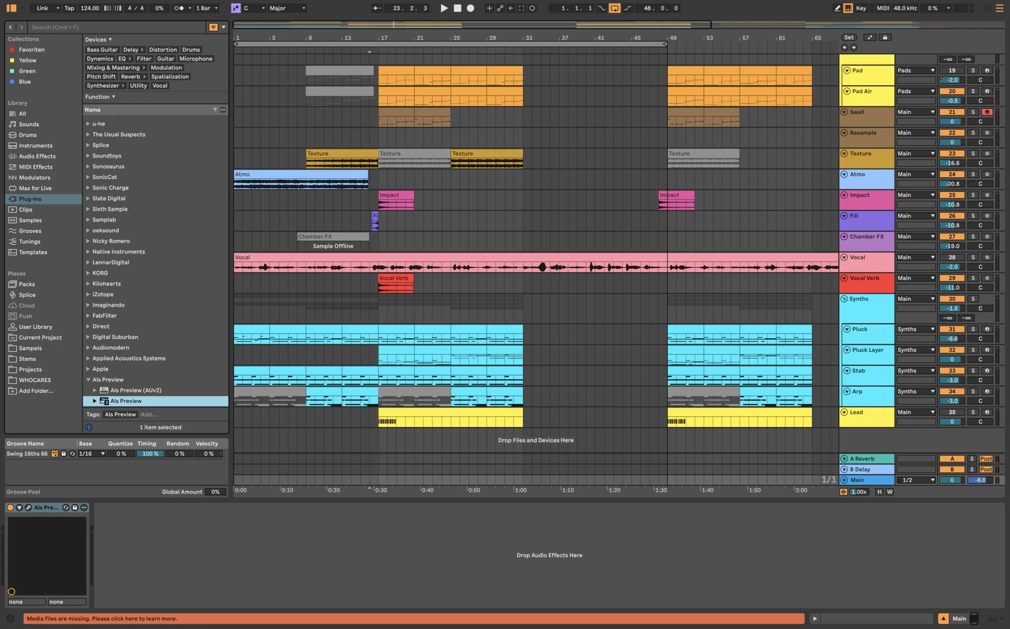 Live’s Arrangement View with the Main track selected at the bottom of the track list, and the Als Preview plugin in the Main track’s device area at the bottom left.