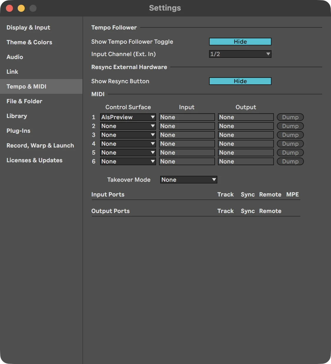 Live’s Settings on the Tempo & MIDI tab: Control Surface slot 1 set to AlsPreview, with Input and Output on None.
