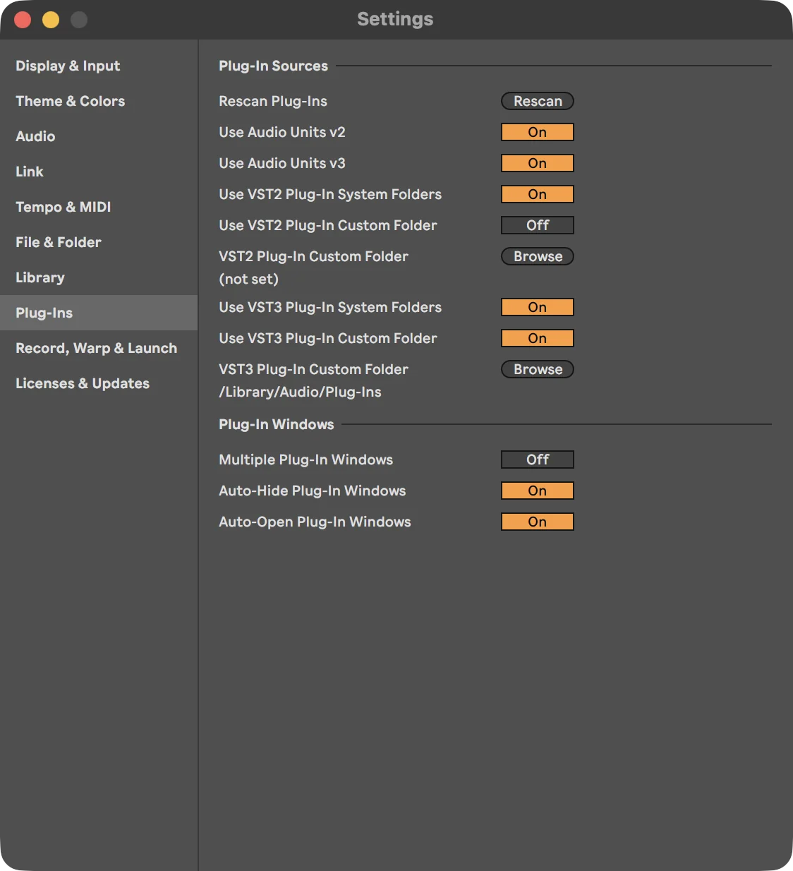 Live’s Settings window on the Plug-Ins tab, with Use Audio Units v3 turned on.