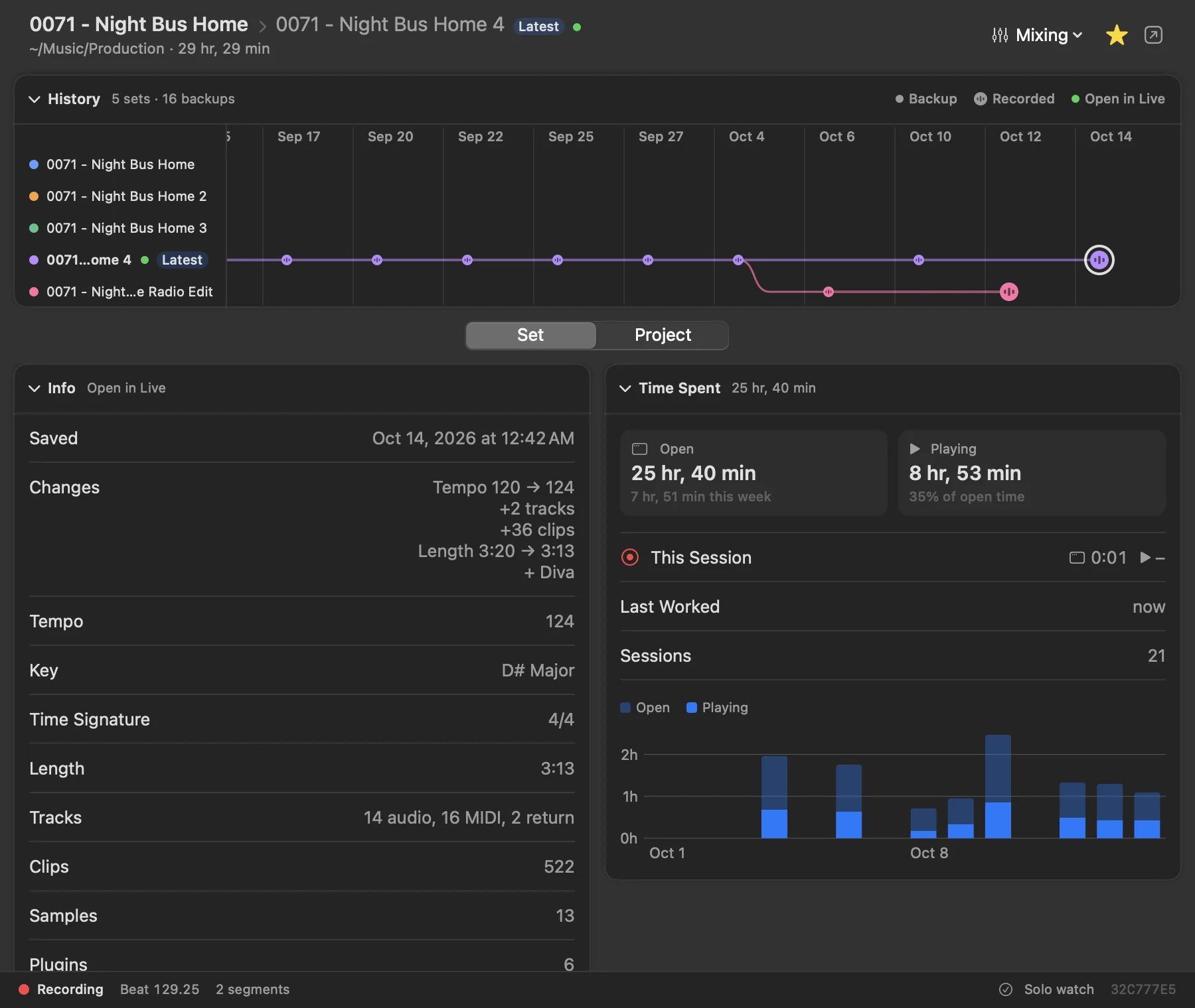 The plugin’s window with the recorder bar at the bottom: Recording, Beat 129.25, 2 segments, and on the right Solo watch.