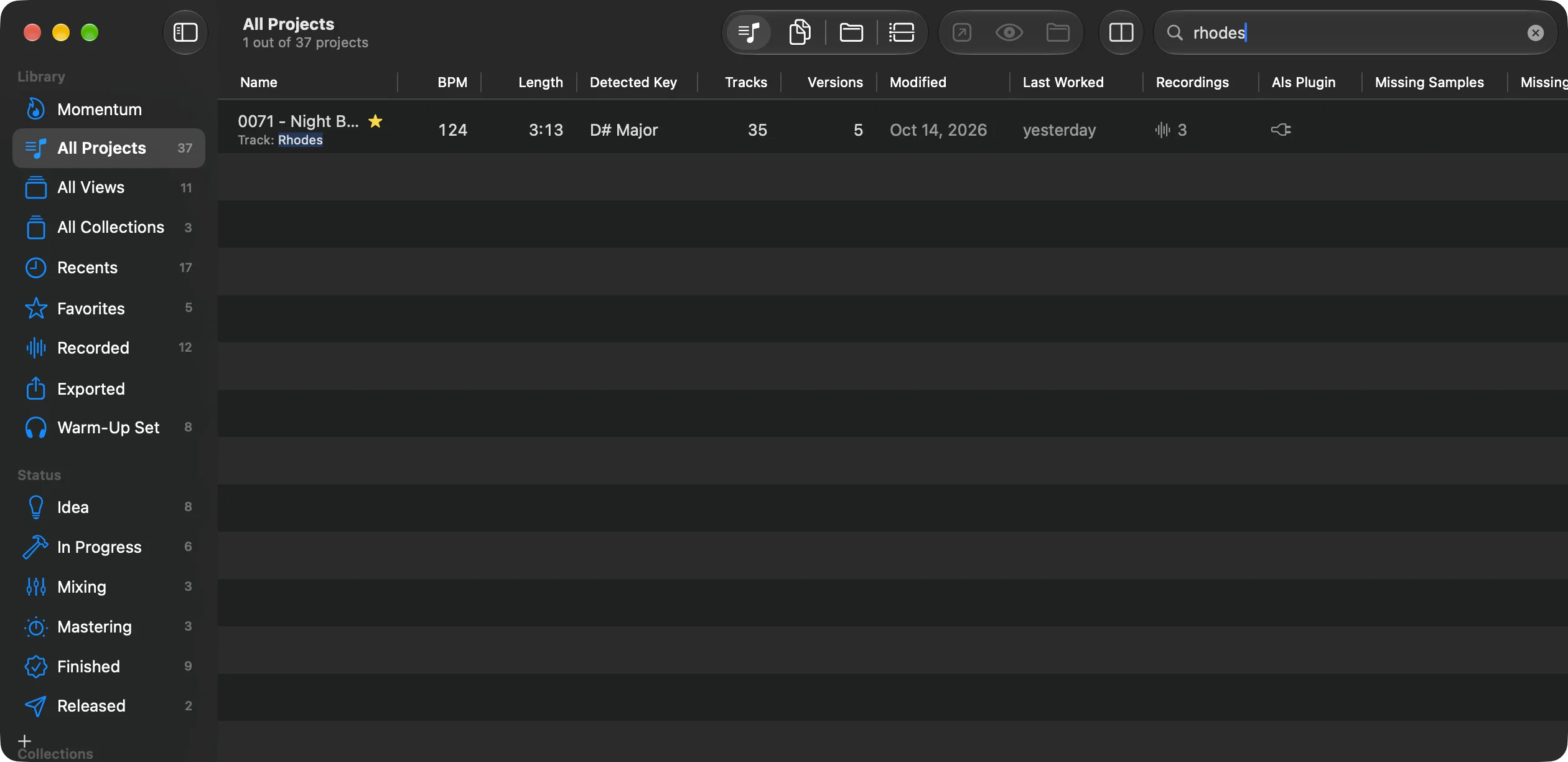 The project list searched for rhodes: one project, with Track: Rhodes highlighted under its name.