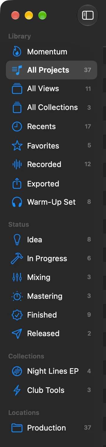 The sidebar: Momentum, All Projects, All Views and All Collections; the views Recents, Favorites, Recorded, Exported and a view of one’s own, Warm-Up Set; Status with Idea to Finished and a status of one’s own, Released; Collections; and Locations with the Production folder.