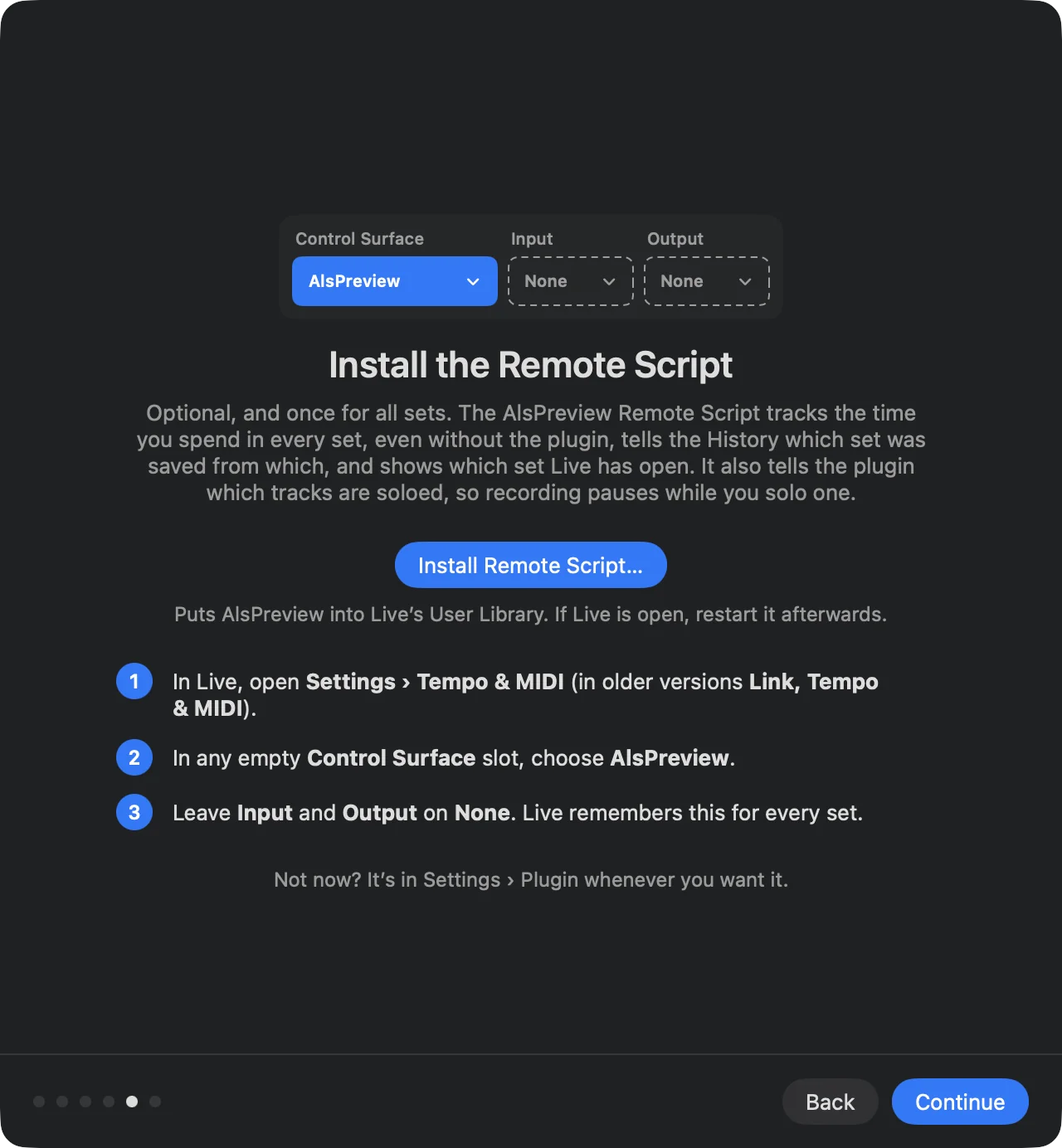 The welcome page Install the Remote Script, with the Install Remote Script button and three steps for Live.