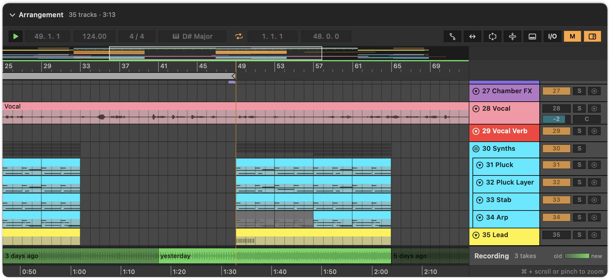 The bottom of an arrangement in Als Preview: the last tracks, then the Recording lane with the plugin’s takes as waveforms. Older takes are paler, newer ones solid.