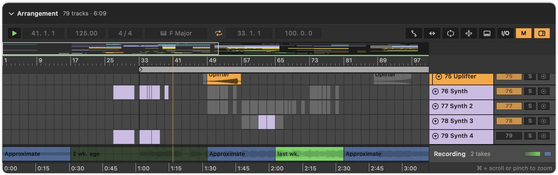 The bottom of a set’s arrangement in Als Preview: the Recording lane with two green takes, one from two weeks ago and one from last week, and blue pieces labelled Approximate before, between and after them.