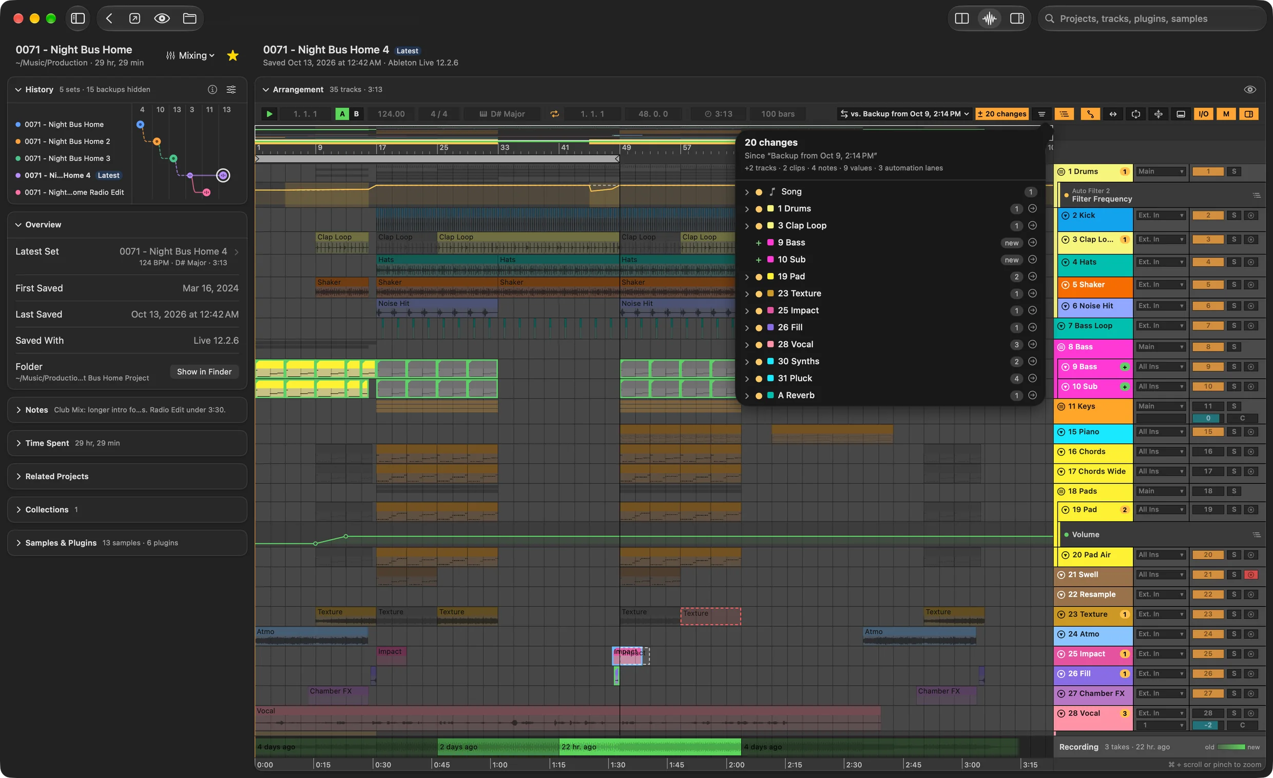 A set compared with the save before: unchanged clips dimmed, two new bass tracks outlined in green, a deleted clip as a red dashed outline, a moved clip, three automation lanes, and the list of all 20 changes.