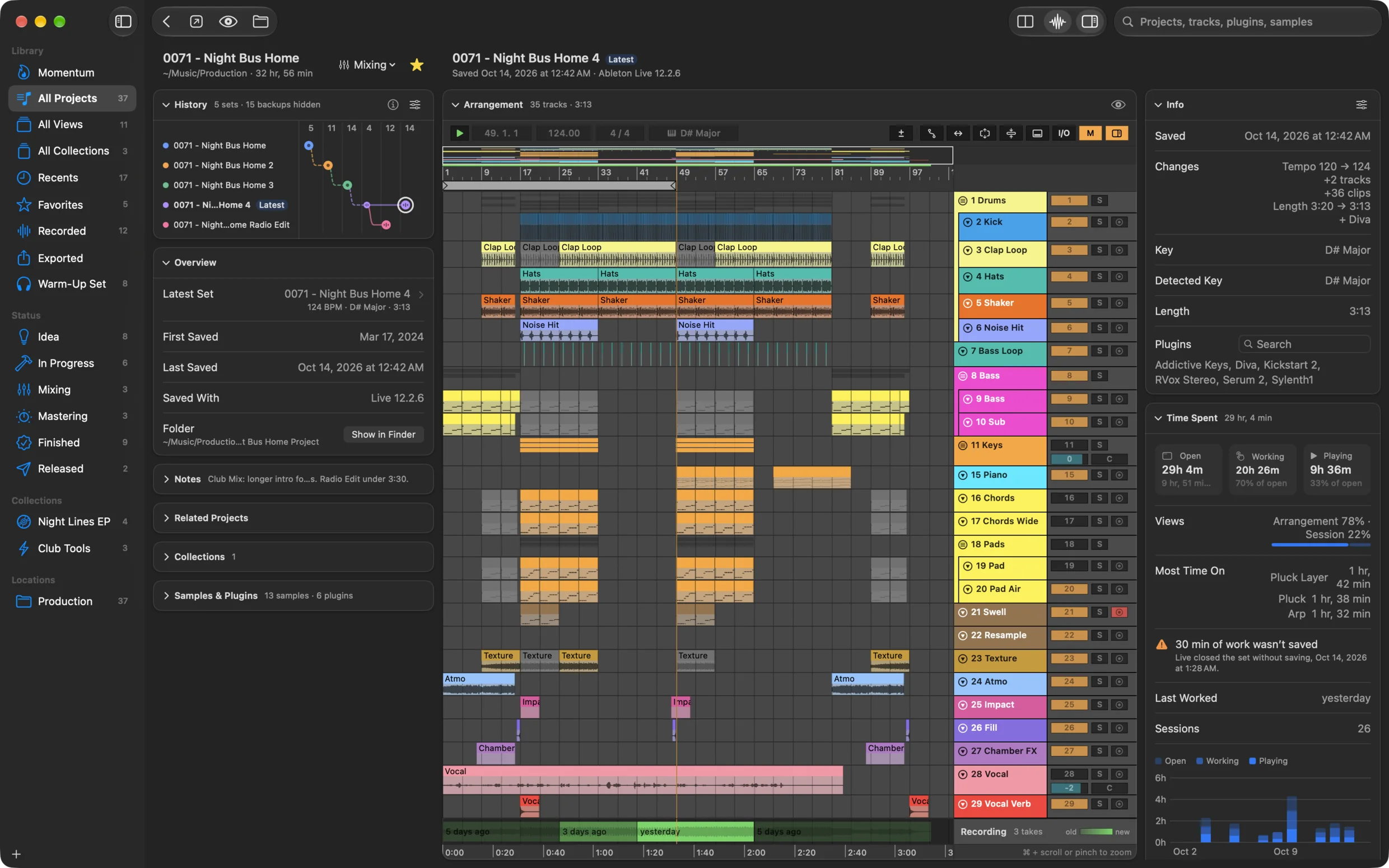 A project in Als Preview: its version history and overview on the left, the arrangement with the plugin’s Recording lane in the middle, and the set’s info and time spent on the right.