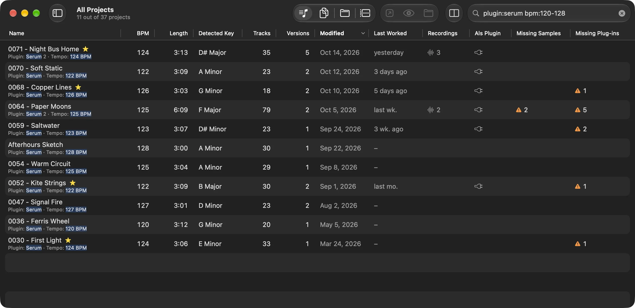 The project list searched for plugin:serum bpm:120-128: 11 out of 37 projects, each with the plugin it matched below its name.