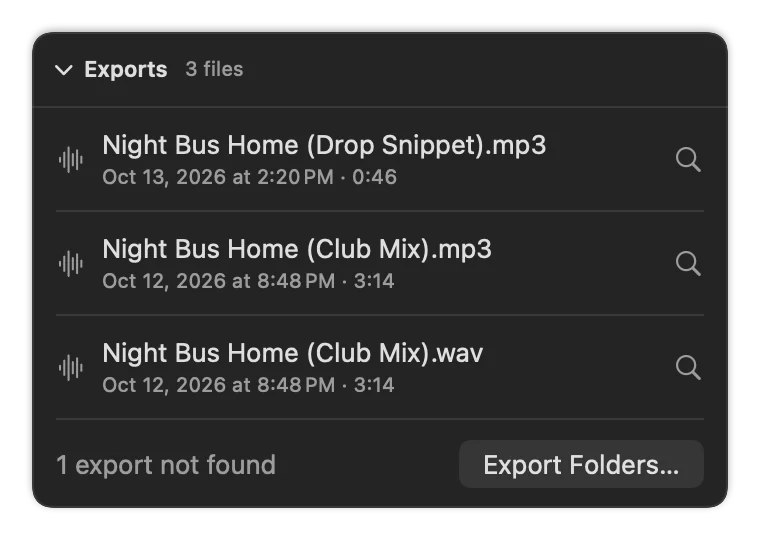 The Exports card of a project: three files with date and length, and 1 export not found with a button Export Folders.