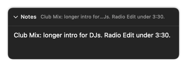The Notes card: Club Mix: longer intro for DJs. Radio Edit under 3:30.
