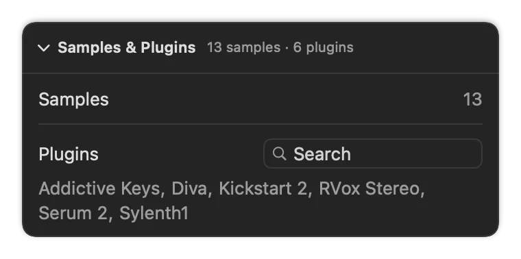 The Samples & Plugins card: 13 samples and the list of six plugins, with a search field.