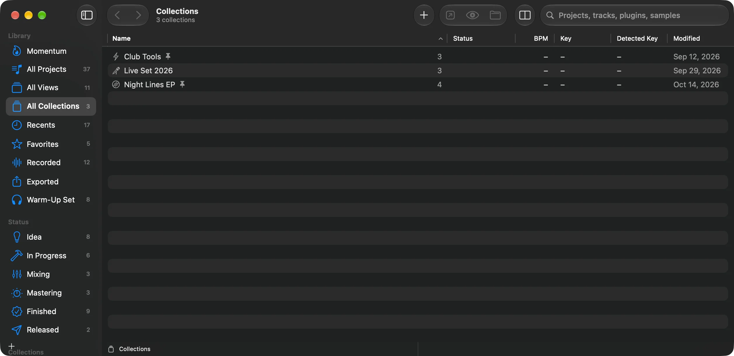 All Collections: three collections, Club Tools, Live Set 2026 and Night Lines EP, with the number of projects in each.