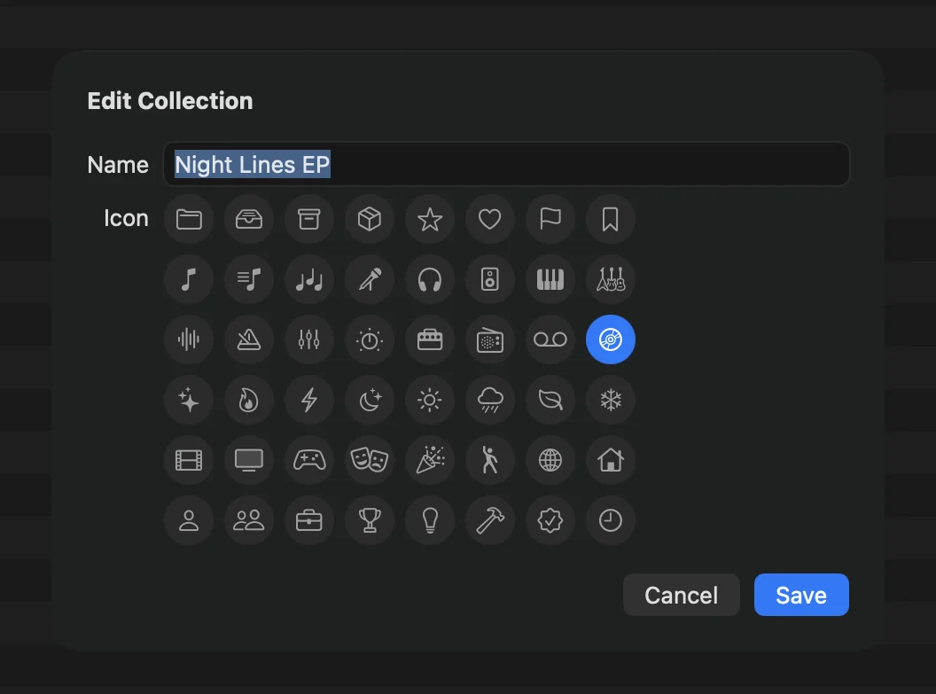 The Edit Collection sheet for Night Lines EP: a Name field and a grid of 48 icons, the disc picked.