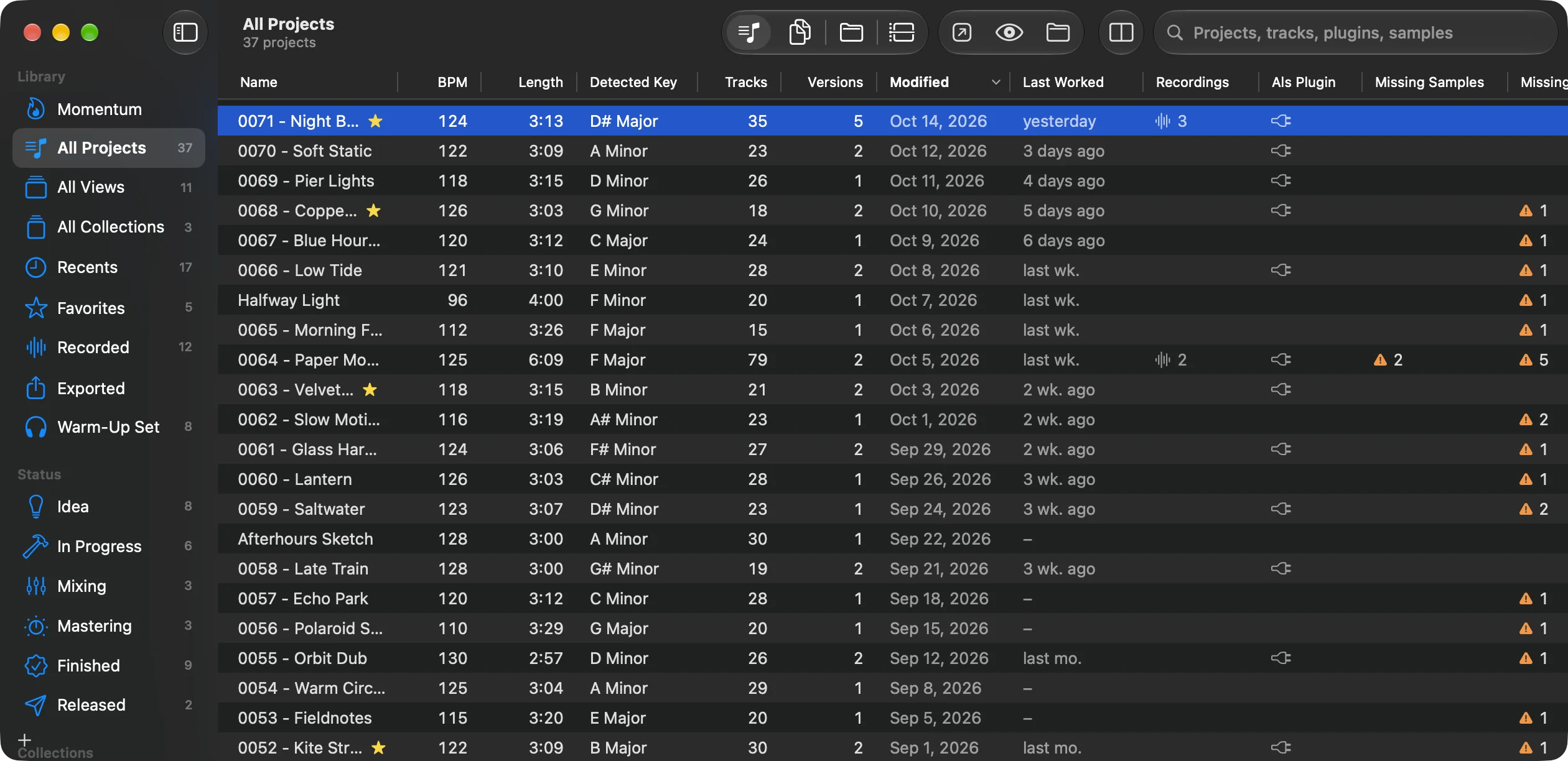 The library window: the sidebar with Momentum, All Projects, All Views, All Collections, the views Recents to Warm-Up Set and the Status section; the toolbar with the view picker, buttons and search field; and the list of all 37 projects with tempo, length, key, tracks, versions, dates, recordings, the plugin and missing files.