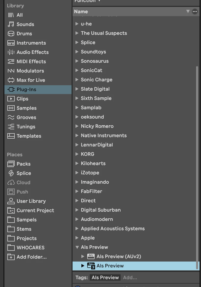 Live’s browser with Plug-Ins selected in the sidebar, and the folder Als Preview opened, showing the Als Preview plugin.