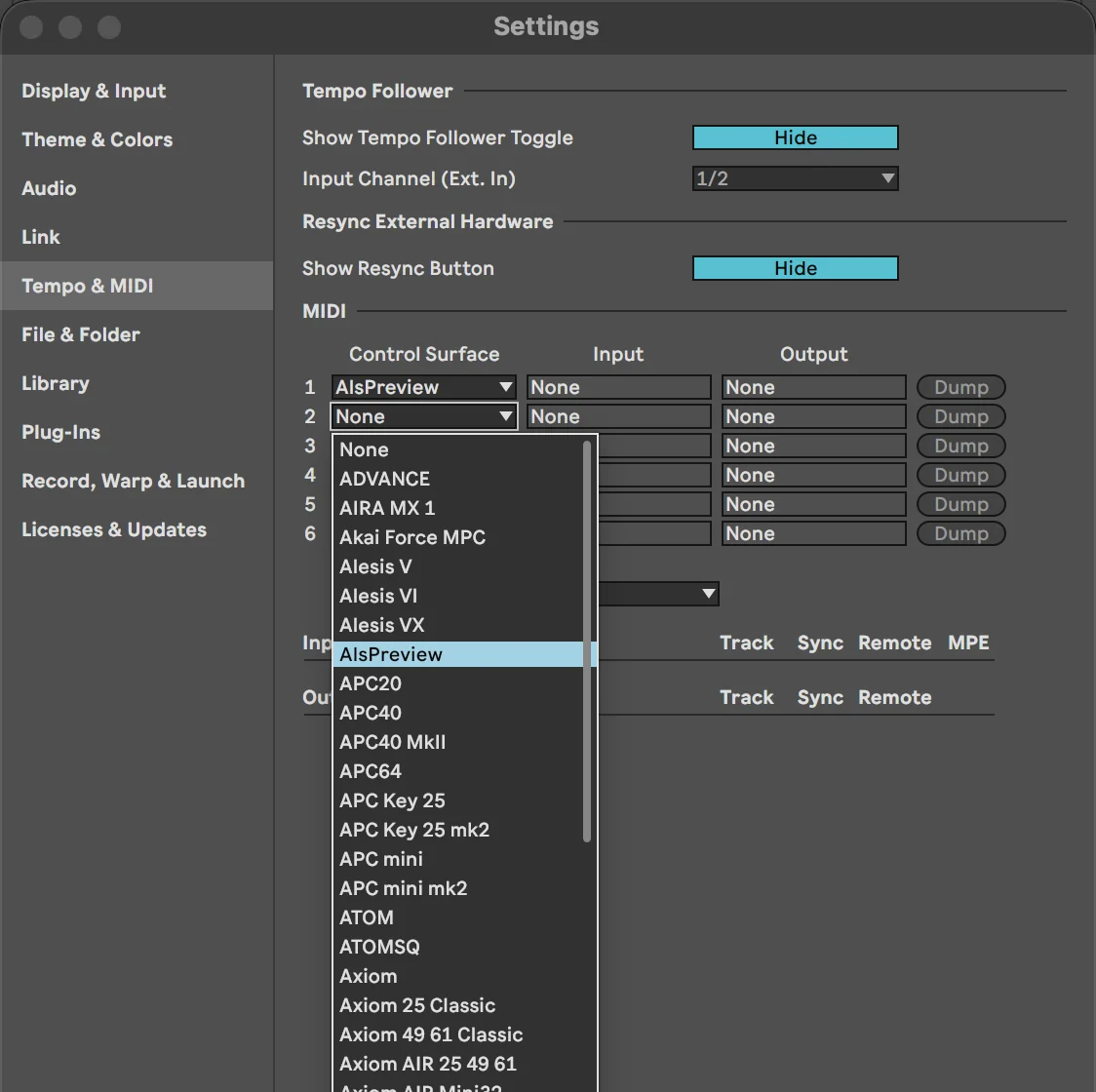 Live’s Settings on the Tempo & MIDI tab, with a Control Surface menu open and AlsPreview highlighted in the list.
