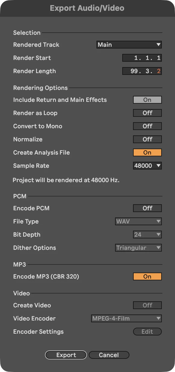 Live’s Export Audio/Video dialog, with Rendered Track set to Main.