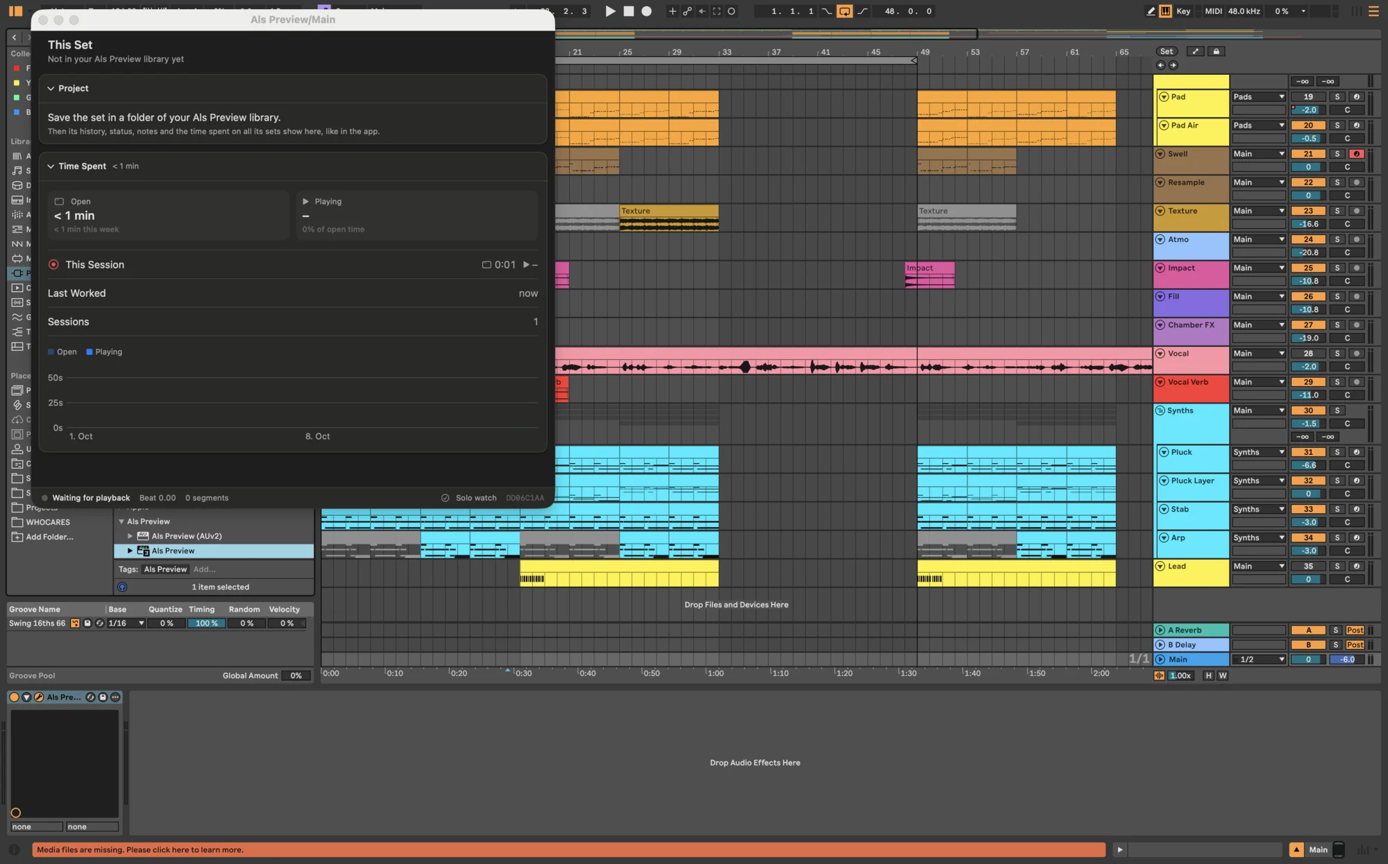 Live with the Als Preview plugin’s window open over the arrangement: This Set, not in your Als Preview library yet; the time spent so far; and at the bottom the recorder bar showing Waiting for playback and Solo watch.