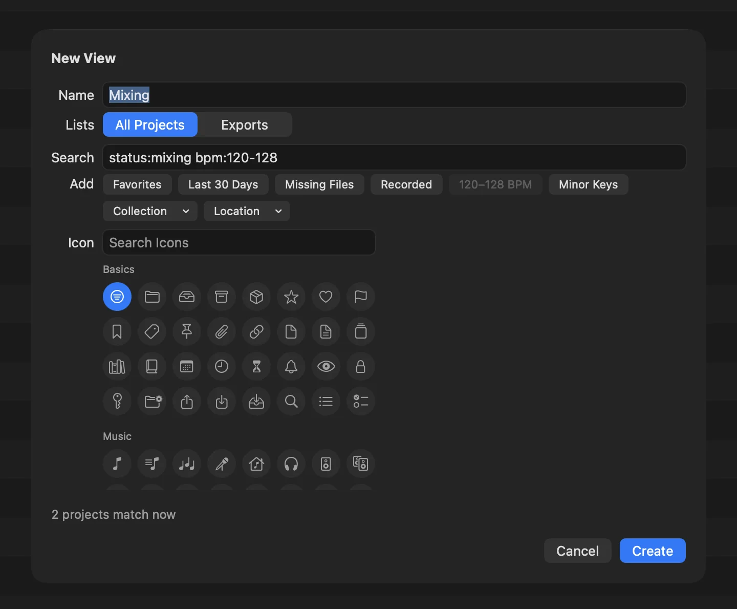 The New View sheet: Name, Lists set to All Projects rather than Exports, the search status:mixing bpm:120-128 taken from the search field, the Add buttons for common filters with the Collection and Location menus below them, a grid of icons, and how many projects match now.