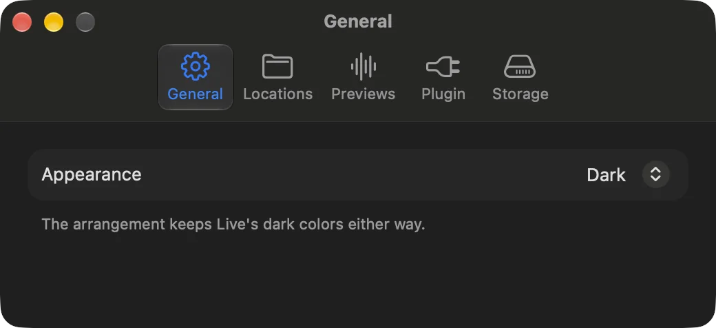 Settings, General: Appearance set to Dark.