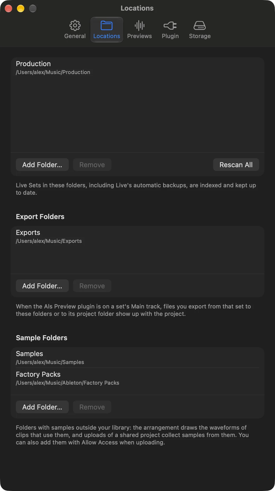 Settings, Locations: the library folder Production with Add Folder, Remove and Rescan All; export folders with Exports; sample folders with Samples and Factory Packs.