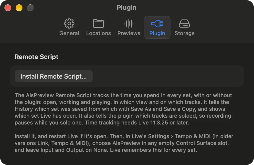 Als Preview’s Settings on the Plugin tab: the Remote Script section with the Install Remote Script button and an explanation.