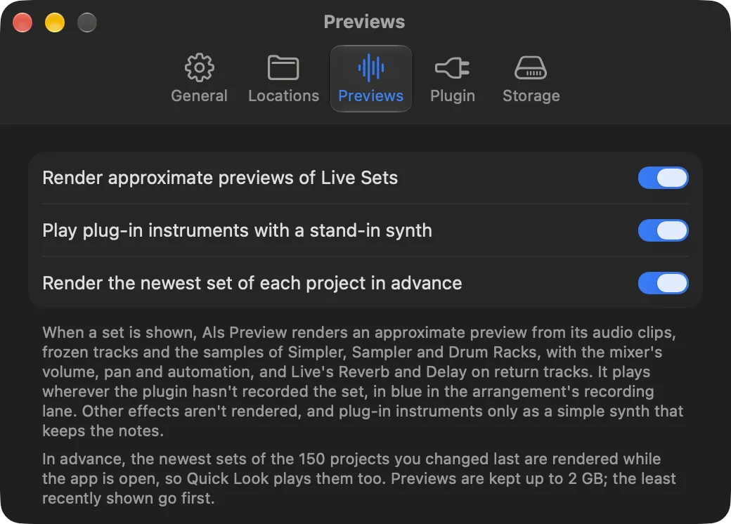 Settings, Previews tab: Render approximate previews of Live Sets, Play plug-in instruments with a stand-in synth and Render the newest set of each project in advance, all on, with a note on what a preview is made of.