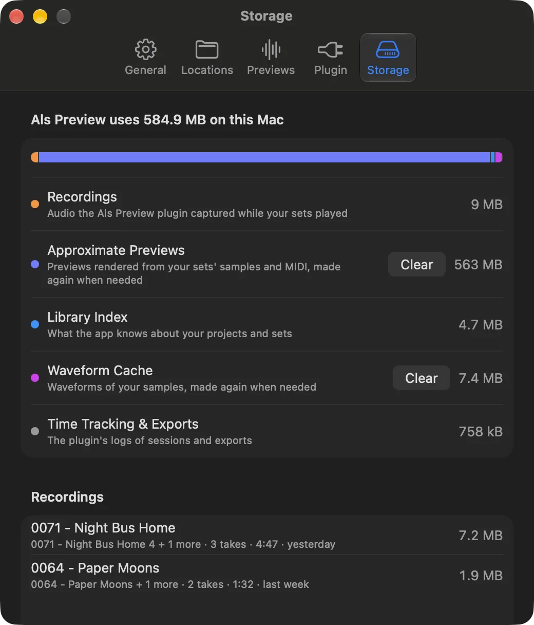 Settings, Storage, with the space used by recordings, the library index, the waveform cache and the plugin’s logs, and the list of recordings.