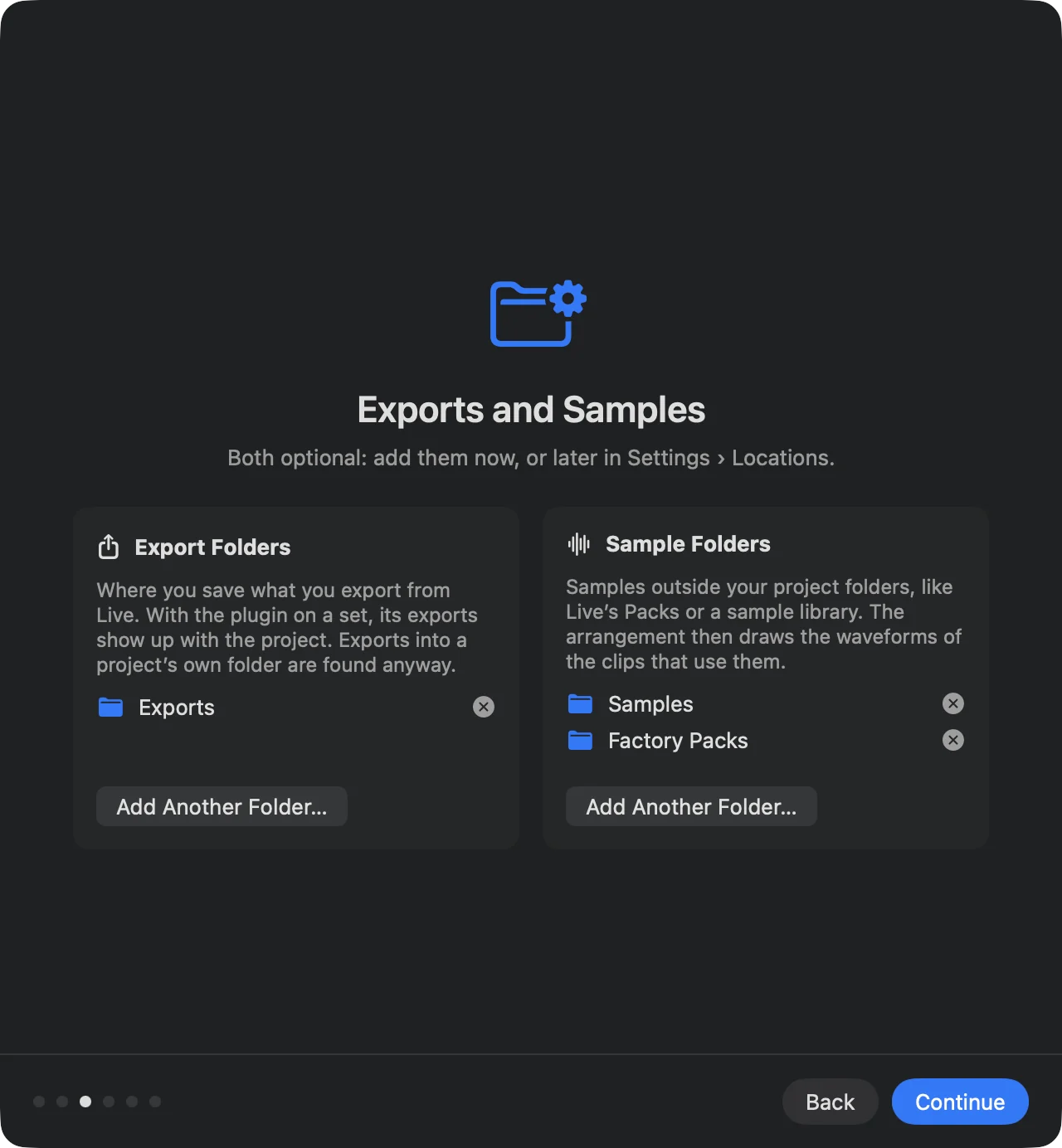 The welcome’s page Exports and Samples, with a list of export folders and a list of sample folders.