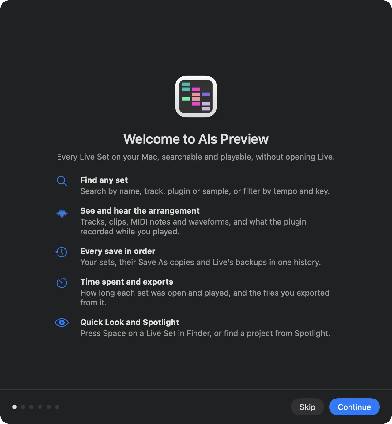 The first page of the welcome: Welcome to Als Preview, with five features: find any set, see and hear the arrangement, every save in order, time spent and exports, Quick Look and Spotlight.