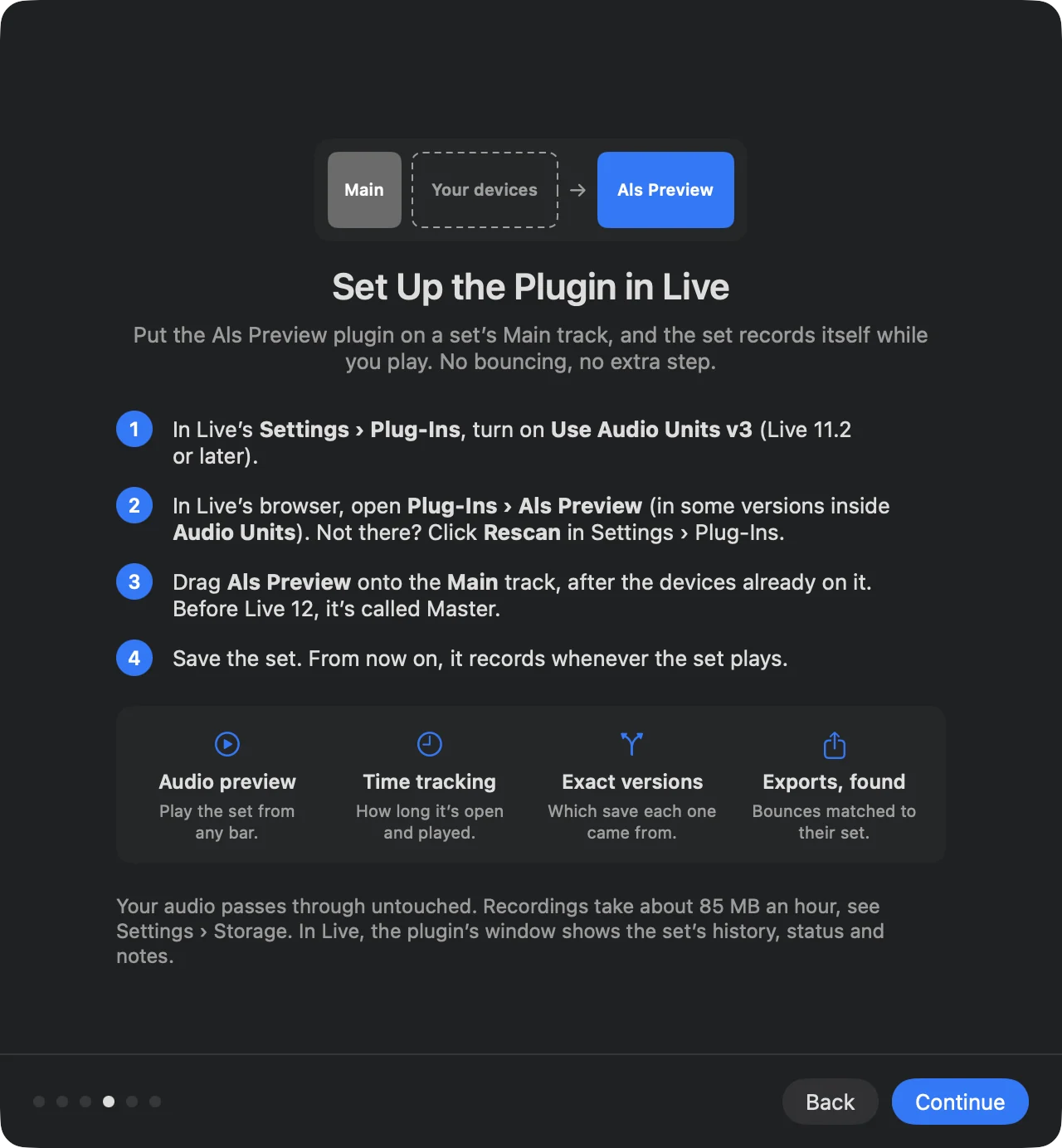 The welcome page Set Up the Plugin in Live: four steps, and the four things the plugin gives you: audio preview, time tracking, exact versions and exports found.
